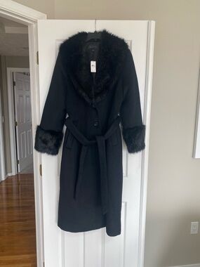 Ann Taylor Black Coat with Faux Fur Trim